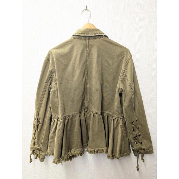 Free People Willow Jacket Lace Up Cuff Ruffle Peplum Military Green Womens Large - Picture 6 of 6